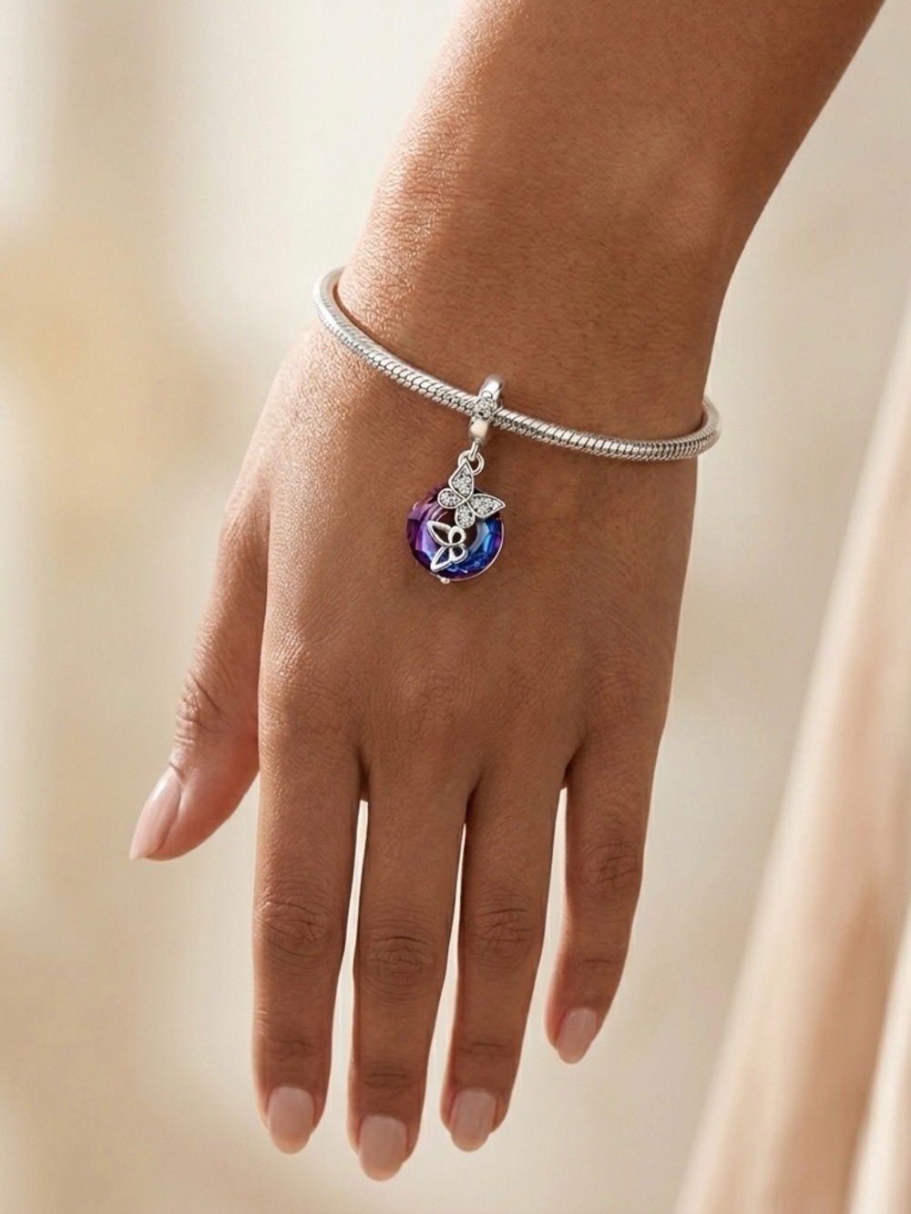 S925 Silver Purple Blue Crystal Butterfly Charm Spring Gift